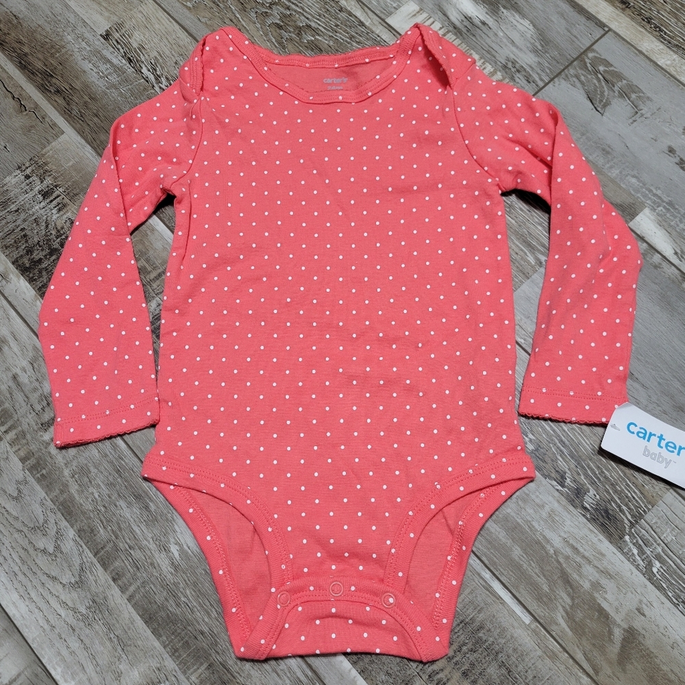 New Carter's Baby Coral Pink Polka Dot Long Sleeve Onesie Size 24M